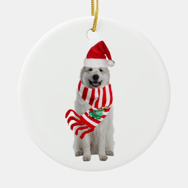 Great Pyrenees With Hat Scaft Christmas Ceramic Ornament (Front)