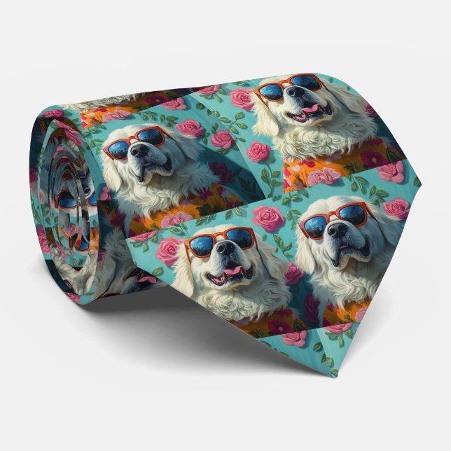 Great Pyrenees  With Heart Roses Valentine's Day Tie (Rolled)