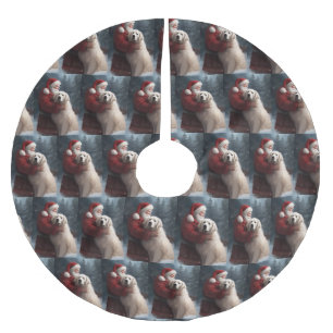 Great Pyrenees With Santa Claus Festive Christmas Brushed Polyester Tree Skirt