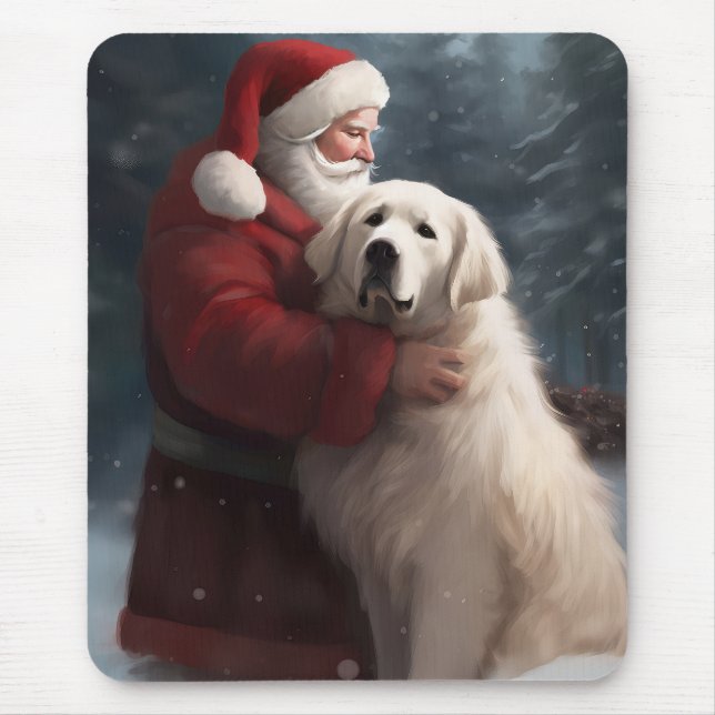 Great Pyrenees With Santa Claus Festive Christmas Mouse Pad (Front)