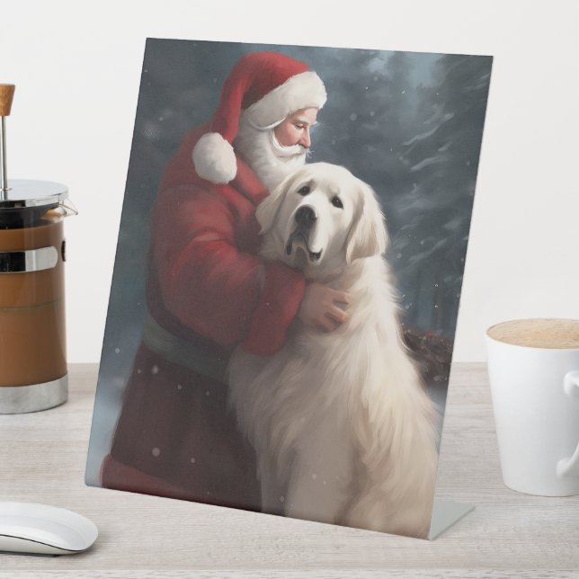 Great Pyrenees With Santa Claus Festive Christmas Pedestal Sign (In SItu)