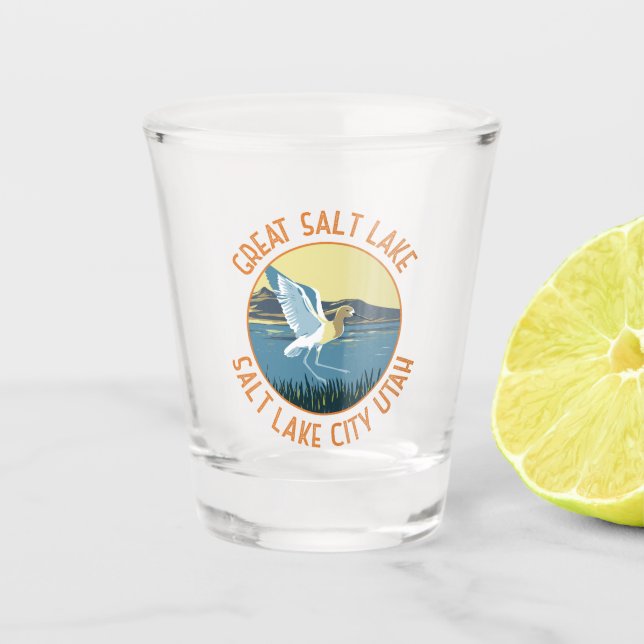 Great Salt Lake American Avocet Retro Distressed Shot Glass (Front)