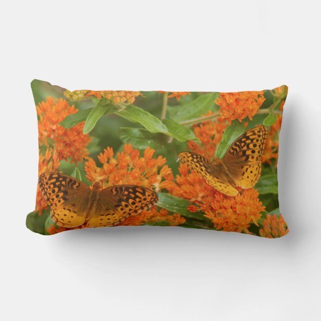 Great Spangled Fritillaries on Butterfly Milkweed Lumbar Pillow (Front)