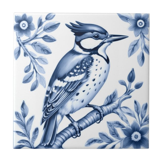Great Spotted Woodpecker Bird Delft Blue and White Tile (Front)