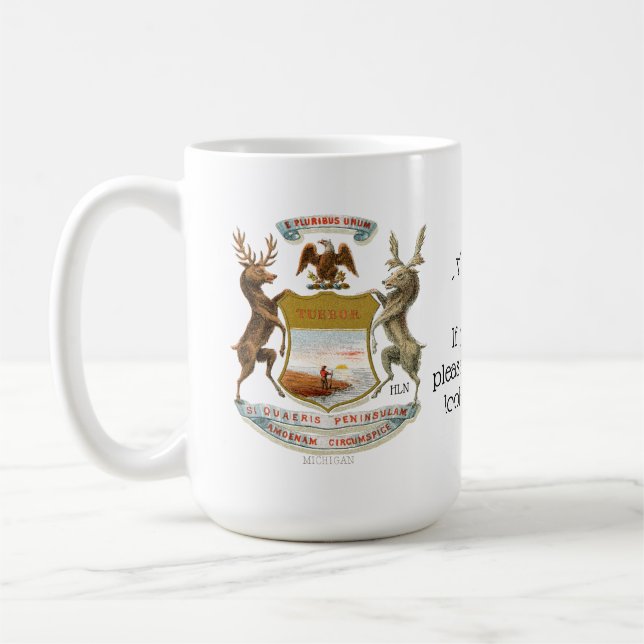Great State of Michigan map and coat of arms Coffee Mug (Left)
