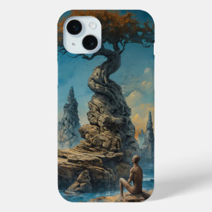 Great surreal world man sitting at ocean coast iPhone 15 mini case