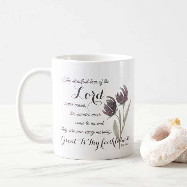Great Thy Faithfulness Christian Scripture Verse Coffee Mug (With Donut)