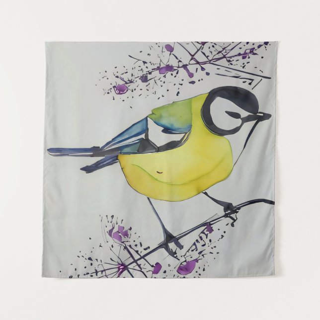 Great Tit Bird Drawing, Hand Drawn British Bird Tapestry (Front)