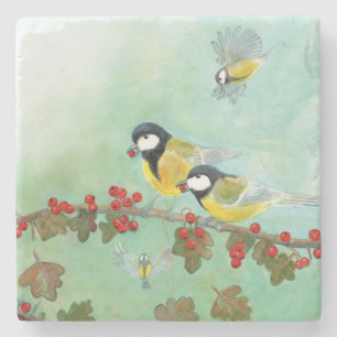 Great Tit Birds & Hawthorn Red Berries   Stone Coaster