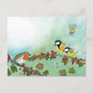 Great Tit Birds, Red Robin & Hawthorn Berries   Holiday Postcard