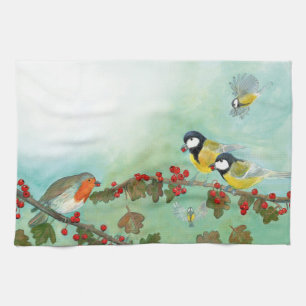 Great Tit Birds, Red Robin & Hawthorn Berries Kitchen Towel