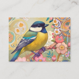 Great Tit Chickadee Bird Colourful Floral Flowers Business Card