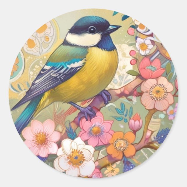 Great Tit Chickadee Bird Colourful Floral Flowers Classic Round Sticker (Front)