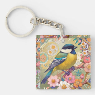 Great Tit Chickadee Bird Colourful Floral Flowers Keychain