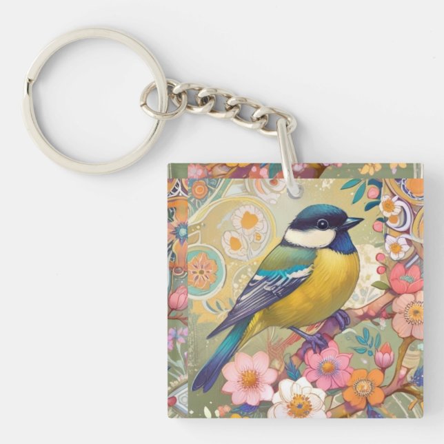 Great Tit Chickadee Bird Colourful Floral Flowers Keychain (Front)