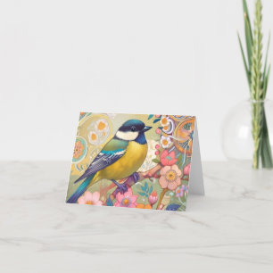 Great Tit Chickadee Bird Colourful Floral Flowers Thank You Card