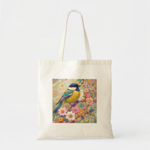Great Tit Chickadee Bird Colourful Floral Flowers Tote Bag