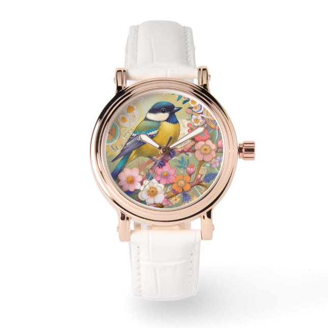 Great Tit Chickadee Bird Colourful Floral Flowers Watch (Front)