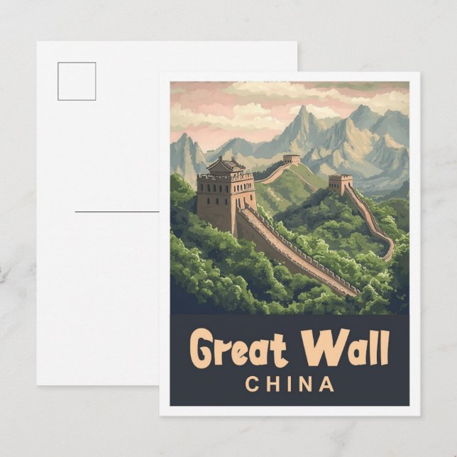 Great Wall China Vintage Travel Illustration Postcard (Front/Back)