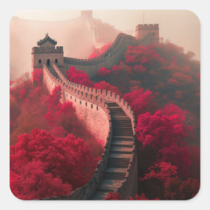 Great Wall of China in Autumn – Scenic Red Square Sticker