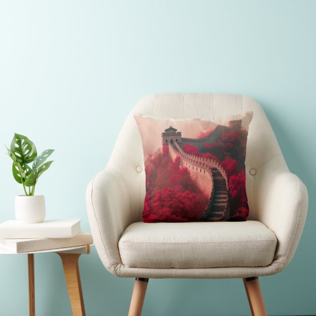 Great Wall of China in Autumn – Scenic Red Throw Pillow (Chair)