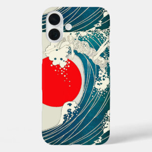 GREAT WAVE AND RED SUN Blue White Nautical iPhone 16 Plus Case