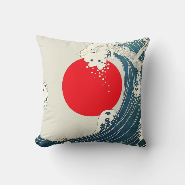GREAT WAVE AND RED SUN Blue White Nautical Throw Pillow (Front)