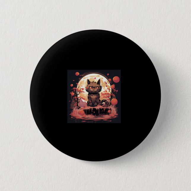 Great Wave and Sakura_ Halloween Black Cat Art  2 Inch Round Button (Front)