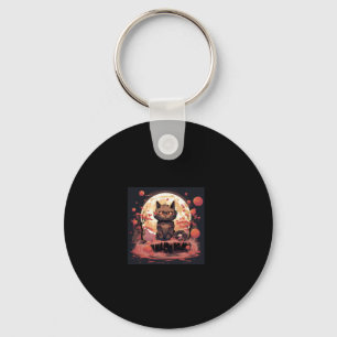 Great Wave and Sakura_ Halloween Black Cat Art Keychain