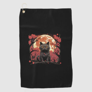 Great Wave Halloween_ Black Cat, Pumpkins, Sakura Golf Towel