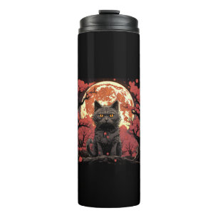 Great Wave Halloween_ Black Cat, Pumpkins, Sakura  Thermal Tumbler
