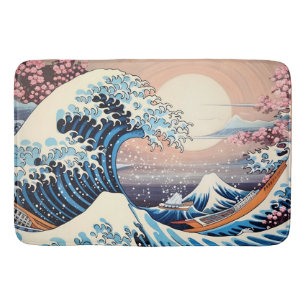 Great Wave inspired pink sakura aesthetic Bath Mat