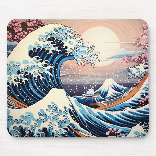 Great Wave inspired pink sakura aesthetic Mouse Pad (Front)