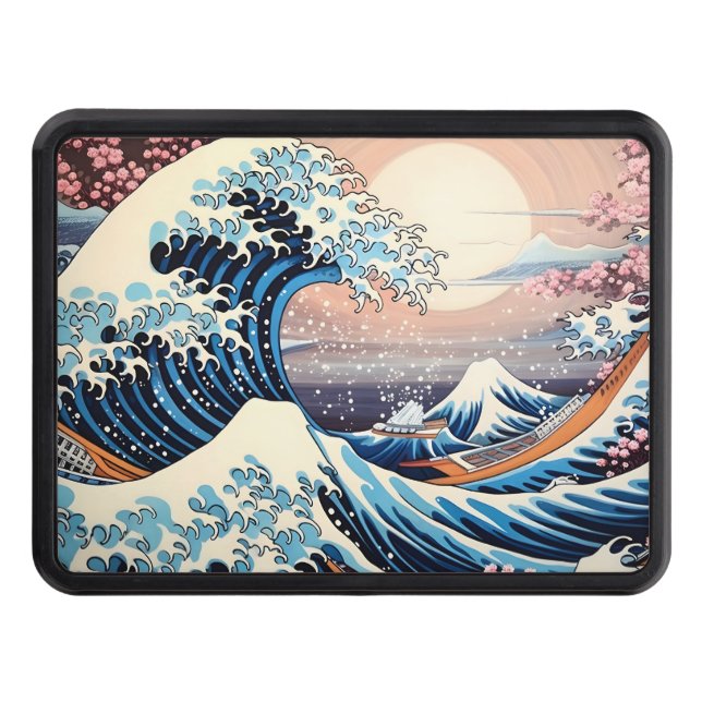 Great Wave inspired pink sakura aesthetic Trailer Hitch Cover (Front)