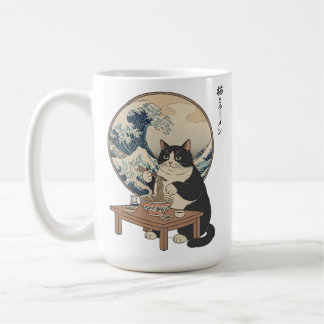 Great Wave Japanese Cat Eating Ramen Funny Art Coffee Mug