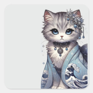 Great Wave Kimono Japanese Princess Cat Square Sticker