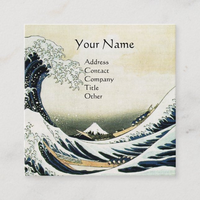 GREAT WAVE MONOGRAM Blue White Square Business Card (Front)
