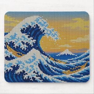 Great Wave Mount Fuji Sunset Pixel Art Mouse Pad