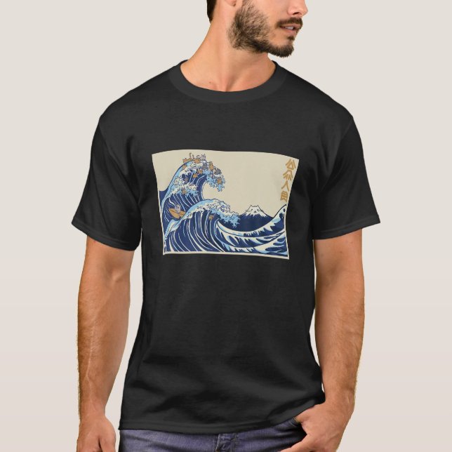 Great Wave Off Kanagawa with Cats Aesthetic Kanji  T-Shirt (Front)
