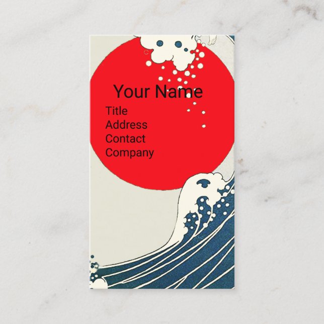 GREAT WAVE, RED SUN Blue White Nautical Monogram Business Card (Front)