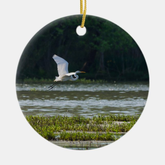 Great White Egret Flying Ceramic Ornament (Front)