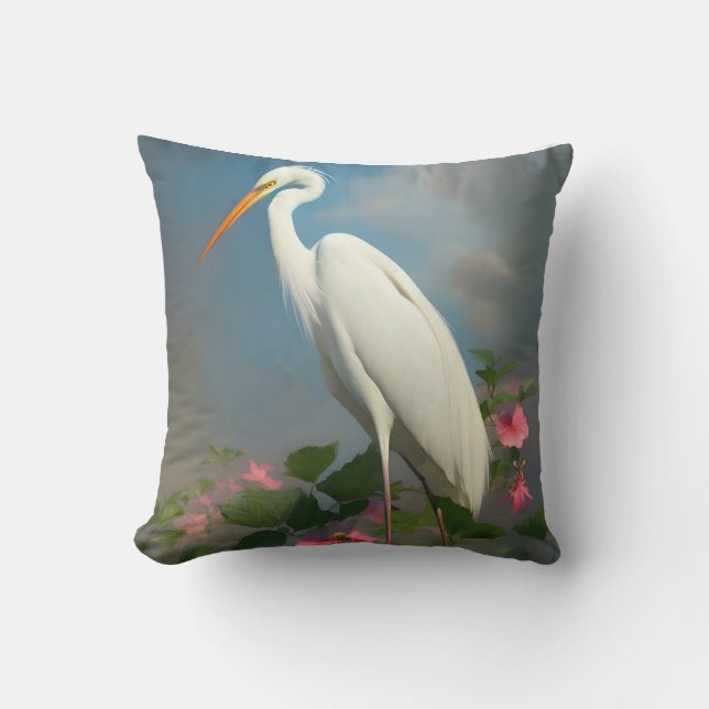 Great White Egret With Hibiscus Outdoor Pillow (Front)