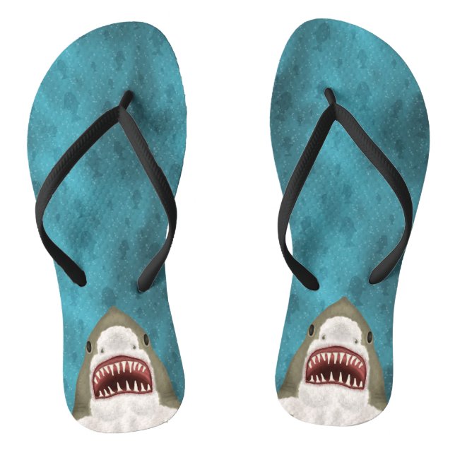 Great White Shark Attack Funny Fish Head Ocean Sea Flip Flops (Footbed)