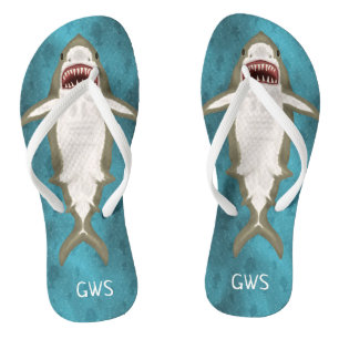 Great White Shark Attack Funny Ocean Monogrammed Flip Flops