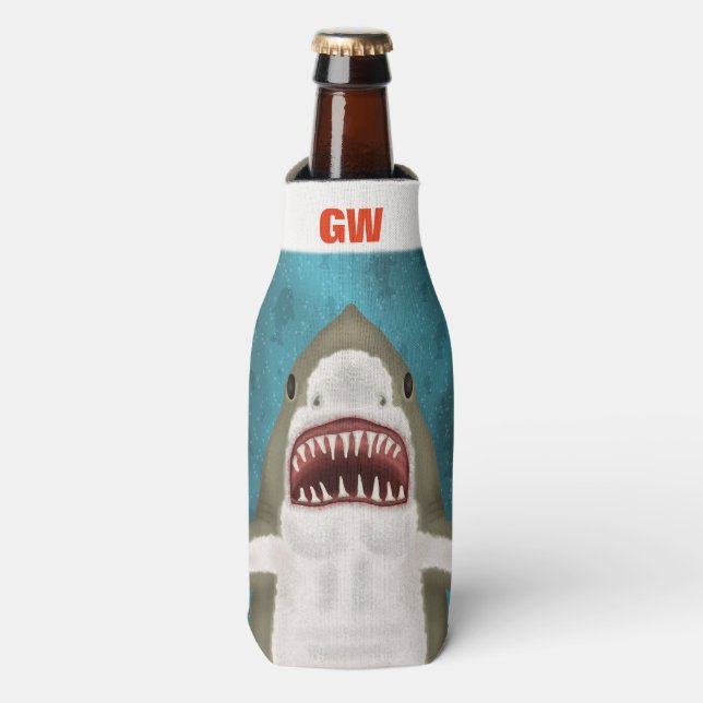 Great White Shark Attack Personalized Ocean Funny Bottle Cooler (Bottle Front)