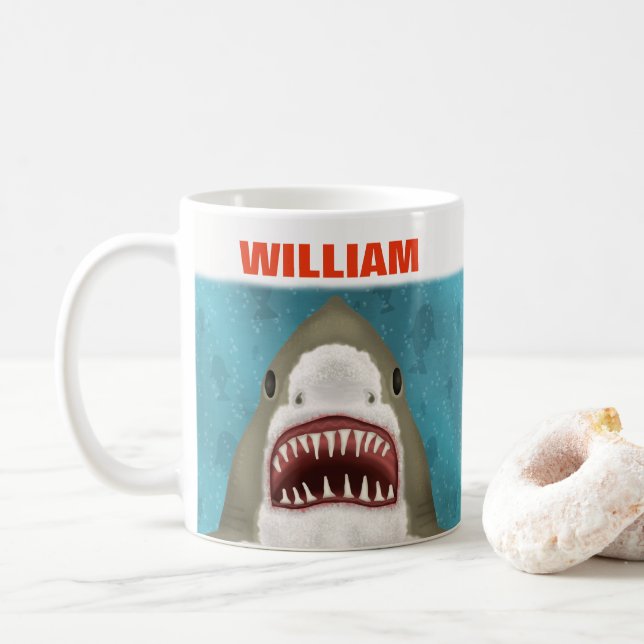 Great White Shark Attack Personalized Ocean Funny Coffee Mug (With Donut)