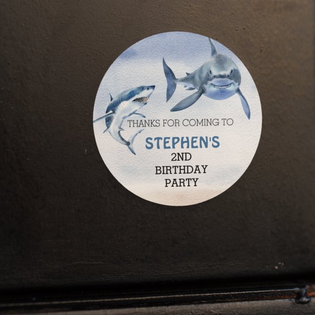 Great White Shark Birthday  Favour Thank you  Classic Round Sticker (Creator Uploaded)