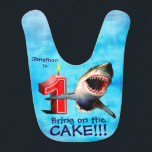 Great White Shark First Birthday Bib<br><div class="desc">First birthdays are always special. Make it more special with this fun great white shark design saying "Bring on the cake!!!"</div>