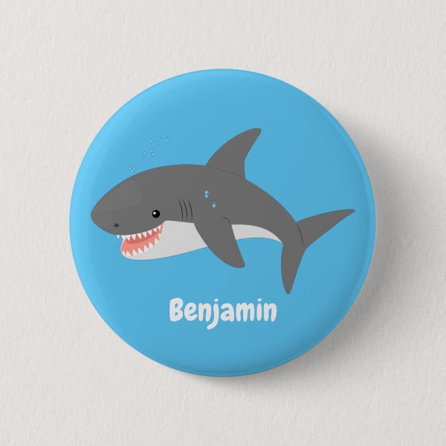Great white shark happy cartoon illustration 2 inch round button (Front)
