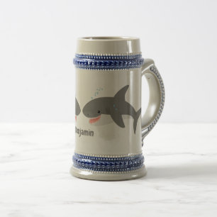 Great white shark happy cartoon illustration beer stein